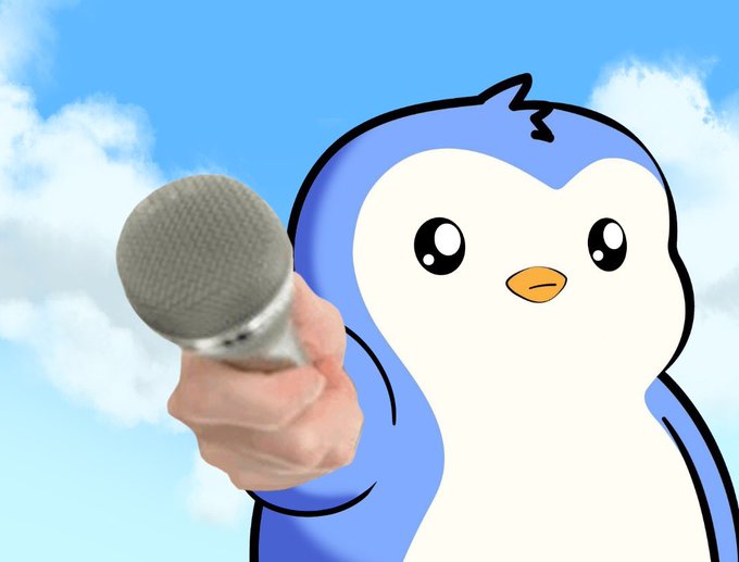 A cartoon penguin character holding a microphone out toward the viewer against a blue sky with clouds.