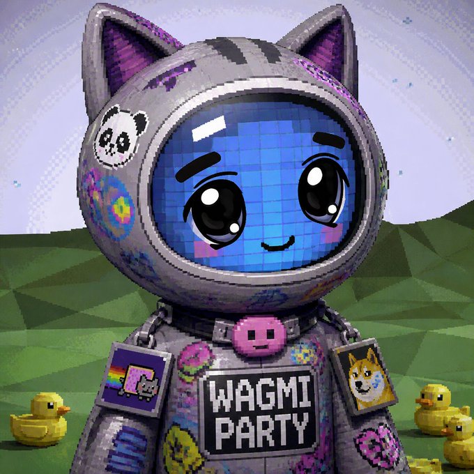 A pixelated, blocky cat astronaut character in a helmet featuring cat ears, wearing a suit with "WAGMI PARTY" text and various patches, surrounded by small yellow ducks.