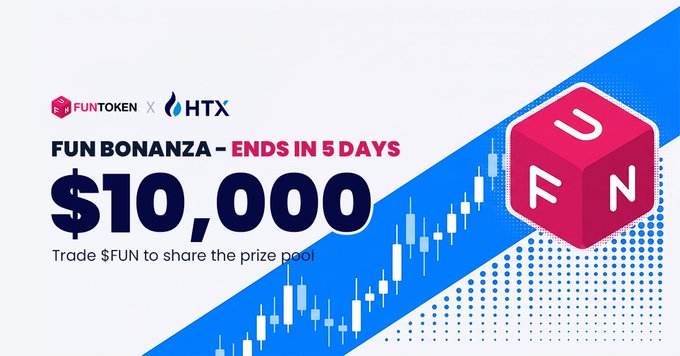 A promotional banner for a 'FUN BONANZA' trading event offering a $10,000 prize pool, ending in 5 days, in partnership between FUNTOKEN and HTX.