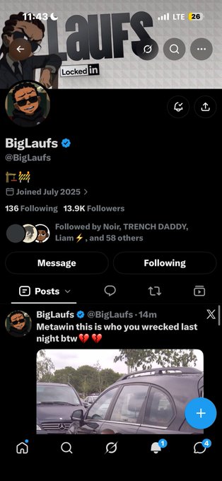 A Twitter/X profile page for "BigLaufs" (@BigLaufs), joined July 2025, with 136 following and 13.9K followers, featuring a recent post about "Metawin" with a photo of a damaged car.