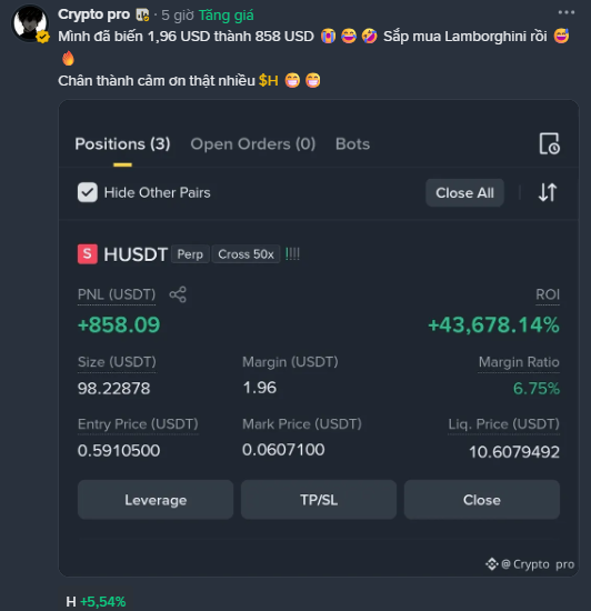 A Binance futures trading screenshot showing a long HUSDT perpetual position with 50x leverage that turned 1.96 USDT into 858.09 USDT (a +43,678.14% ROI), with the caption joking about whether the trader will take profits or buy a Lamborghini.