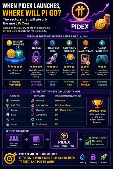 The infographic titled "When PIDEX Launches, Where Will Pi Go?" outlines six key Pi Coin absorption sectors ranked by likelihood, with Liquidity Providing (LP) and Staking expected to absorb the most Pi, followed by Launchpad (IDO), DApp Token Purchase, NFT Marketplace, and Gaming & Utilities. It reinforces the post's message by showing how PIDEX will create multiple demand channels (LP, staking, gaming, NFTs) to absorb Pi liquidity, supporting the claim that PIDEX transforms Pi into a functional coin for trading and utility.