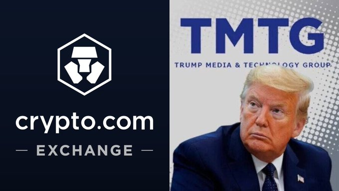 This image shows the logos of Crypto.com and TMTG (Trump Media & Technology Group) alongside a picture of Donald Trump, reflecting the news of their canceled crypto deals due to market conditions and shifting priorities.