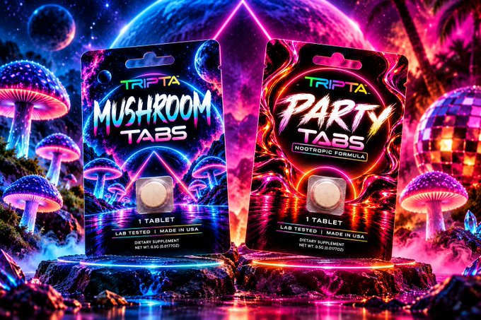 Two product packages labeled 'TRIFTA MUSHROOM TABS' and 'TRIFTA PARTY TABS NOOTROPIC FORMULA' are displayed on rocky surfaces, each containing 1 tablet in a blister pack, with neon mushrooms and a disco ball in the background.