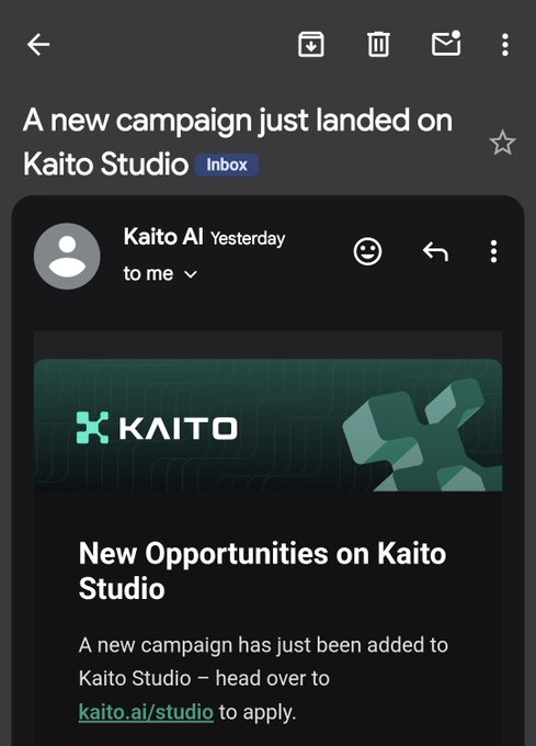 Gmail screenshot showing an email from Kaito AI titled 'A new campaign just landed on Kaito Studio' announcing new opportunities at kaito.ai/studio.