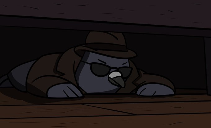 A 2D animated cartoon pigeon wearing a brown fedora and sunglasses, lying flat on a wooden surface beneath furniture in a shadowy noir scene.