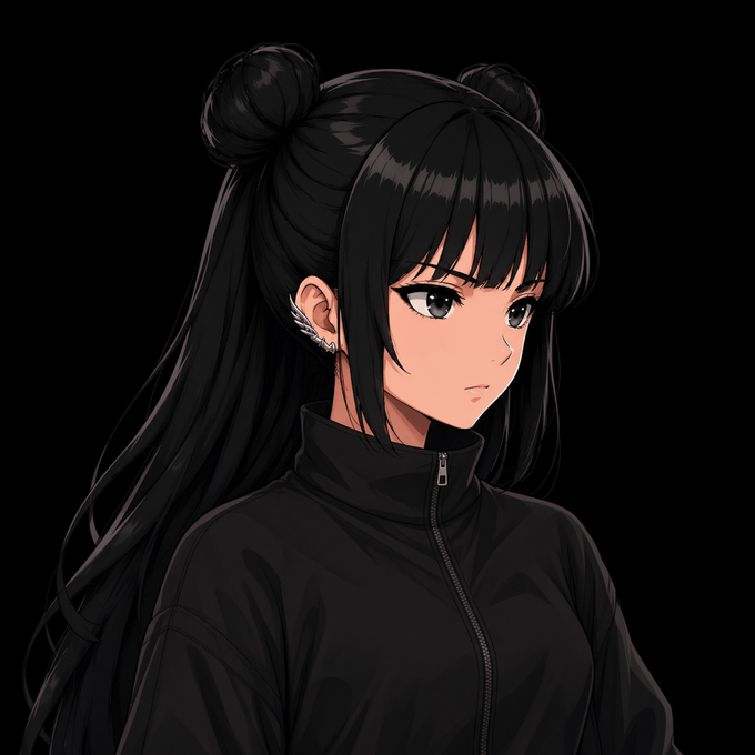 An anime-style illustration of a young woman with long black hair in twin buns, wearing a black zip-up jacket, looking back over her shoulder against a black background.