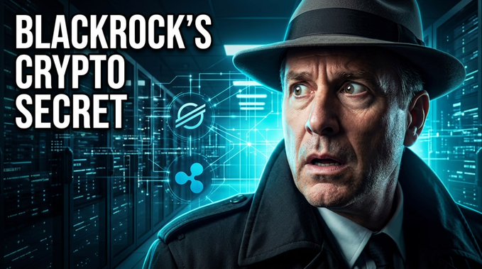 The image features a man wearing a fedora hat and a suit jacket, with his face partially obscured by a hat. The background shows an array of computer servers and data centers, suggesting that they are discussing or analyzing cryptocurrency technology. The caption below the image reads "BlackRock's Crypto Secret", indicating that the conversation is related to Bitcoin and other cryptocurrencies.