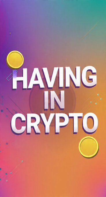 A colorful gradient graphic with bold text reading 'HAVING IN CRYPTO' decorated with floating gold coins.