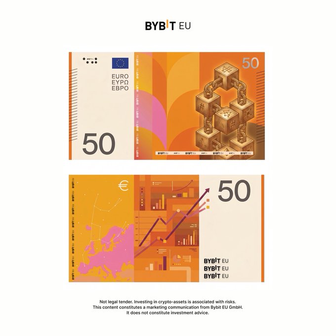 The image showcases Bybit EU's proposed redesign of the €50 euro banknote, featuring orange and pink tones with blockchain-inspired graphics including stacked cubes, chain links, an upward-trending chart, and a map of Europe.

The design incorporates the "BYBIT EU" logo prominently and the three Bybit EU branding elements across the note, playfully responding to the post's prompt about counting Bybit EU logos (at least three visible, plus subtle microprints).