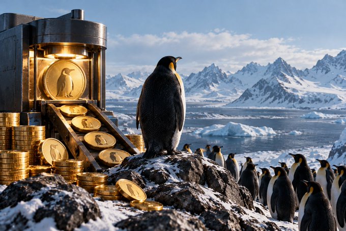 An artistic illustration of penguins in an Antarctic landscape with snow-capped mountains, featuring a large machine dispensing gold coins with a penguin emblem.