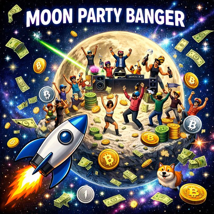 The vibrant illustration shows a group of partygoers celebrating on a rocket-shaped moon, surrounded by falling cash, Bitcoin coins, fireworks, and a rocket blasting off—with "MOON PARTY BANGER" displayed prominently at the top, perfectly capturing the post's bullish narrative about the new Solana contender $MPBANGER rocketing "to the moon" before the broader market takes notice.