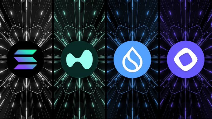 Four cryptocurrency logos displayed side-by-side against geometric backgrounds: Solana (black), Hedera (green), Sui (blue), and Polkadot (purple).