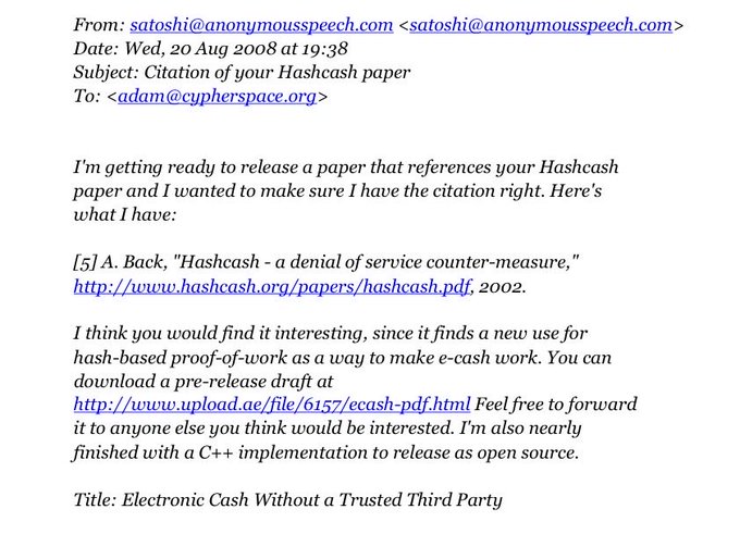 The image shows an email from Satoshi Nakamoto (satoshi@anonymousspeech.com) to Adam Back, dated August 20, 2008, seeking confirmation of a citation for Back's Hashcash paper and announcing a new paper titled "Electronic Cash Without a Trusted Party." This historic exchange represents one of the earliest known communications between Satoshi and the cypherpunk community, directly preceding the Bitcoin whitepaper's release about two months later.