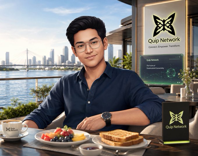 AI-generated illustration of a smiling young man with glasses in a navy shirt at a café table with breakfast, featuring 'Quip Network' branding and tagline 'Connect. Empower. Transform.'