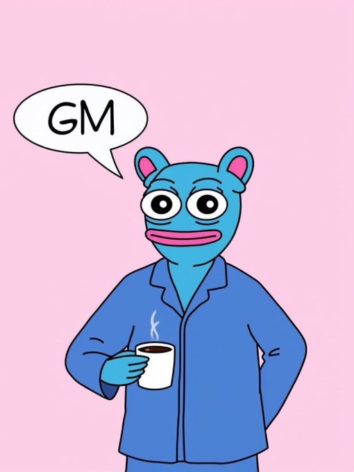 A blue cartoon frog character wearing blue pajamas holds a steaming mug of coffee against a pink background, with a speech bubble reading "GM" (good morning) — a classic crypto greeting that sets a cheerful tone for the accompanying list of top meme coins for a bull run.