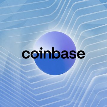 The image features the Coinbase logo centered within a blue circular design on a light blue wavy background. This visual corresponds to the post highlighting Coinbase's strong Q2 performance, including the more than doubling of its prediction markets business and its achievement of a record 10.3% share of global crypto trading volume.