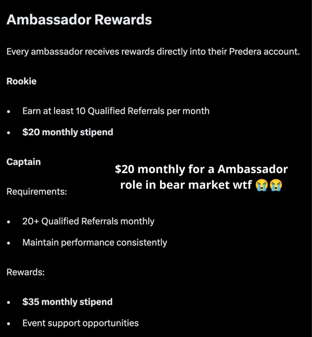 An 'Ambassador Rewards' program page detailing 'Rookie' and 'Captain' tiers with referral requirements and monthly stipends of $20 and $35, overlaid with commentary text '$20 monthly for a Ambassador role in bear market wtf 😭😭'.