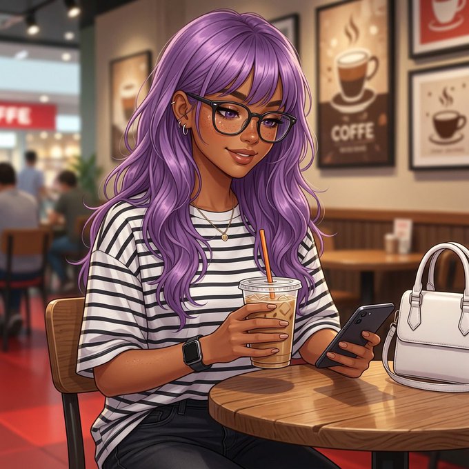 An anime-style illustration of a woman with long purple hair and glasses sitting in a café, holding an iced drink and looking at her phone; a white handbag rests on the table.