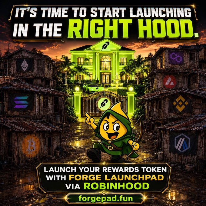 The image is a promotional graphic featuring a cartoon archer in a green hood standing before a glowing green mansion labeled with a rocket logo, surrounded by shacks bearing crypto symbols (Solana, Ethereum, Avalanche, Bitcoin, Polygon), with bold text reading "IT'S TIME TO START LAUNCHING IN THE RIGHT HOOD" and "LAUNCH YOUR REWARDS TOKEN WITH FORGE LAUNCHPAD VIA ROBINHOOD" at forgepad.fun. The visual metaphor contrasts a lavish green estate (Robinhood Chain) against run-down shacks (competing blockchains) to emphasize that builders should launch their rewards tokens on Robinhood via Forge Launchpad instead of other chains.