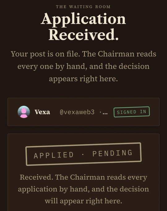A screenshot from 'The Waiting Room' showing an 'Application Received.' status page with the user 'Vexa' (@vexaweb3) signed in, and an 'Applied · Pending' stamp indicating the Chairman will review the application by hand.