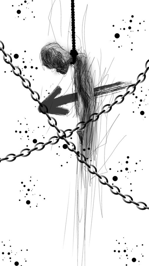 A black-and-white sketch depicts a figure hanging by a noose, surrounded by chains and scattered black dots.