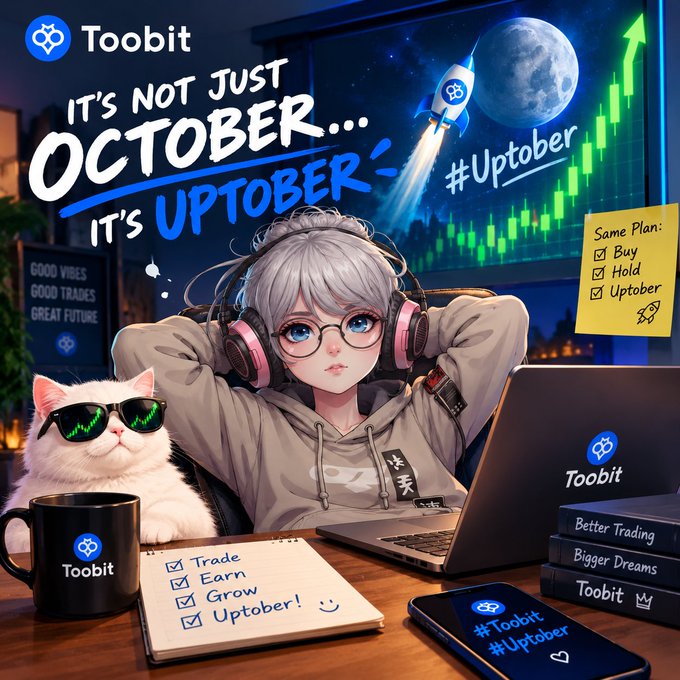 A promotional image for the crypto exchange Toobit featuring an anime-style girl with headphones, featuring the text 'IT'S NOT JUST OCTOBER... IT'S UPTOBER!' and '#Uptober' alongside trading charts and a checklist.