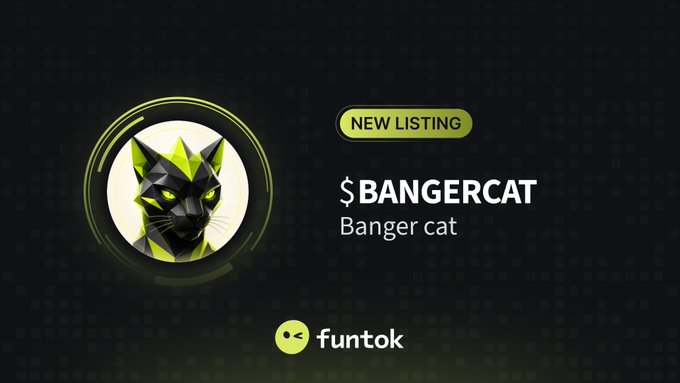 A dark promotional graphic announcing a new listing for the '$BANGERCAT' cryptocurrency token on the Funtok platform, featuring a geometric black cat logo.