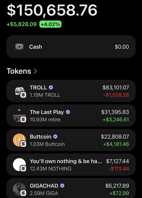 The image features a screenshot of an app display that shows a list of cryptocurrency tokens, their prices, and various information related to them. The display includes information such as the names of the tokens, whether they are new or old, and their current prices. One prominent token is "Troll" priced at $1.1 years old, while another token named "Retire" has a price of $1 year and 7 months. A token named "Buttccoin" is worth $5,639.49, and it appears to be the youngest among them, with a price of $2,959.81 on the list. Lastly, there's a token named "Gigacad", which has been in the app for 2.5 years and currently holds a value of $2.5.