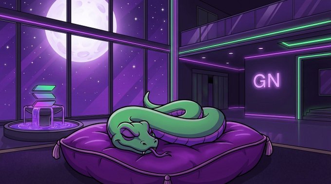 The image features a cartoon snake resting on a purple pillow, with a neon sign reading "GN" above it. The scene takes place inside a building at night, creating an atmosphere of mystery or intrigue. The snake appears to be sleeping peacefully on the pillow while the neon sign stands out against the dark background.