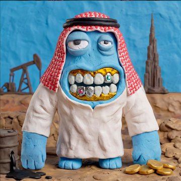 A blue cartoon character wearing a red and white keffiyeh and white robe stands in a desert scene with oil derricks and the Burj Khalifa in the background, gold coins at his feet and a mouth full of diamond-encrusted gold teeth. The image parodies Middle Eastern oil wealth themes, visually representing the lucrative NFT sales described in the post—t00ns #2156 for 0.69 ETH ($1,330) and #4370 for 0.77 ETH ($1,480) from @just_t00ns' collection of just 15 unique items.
