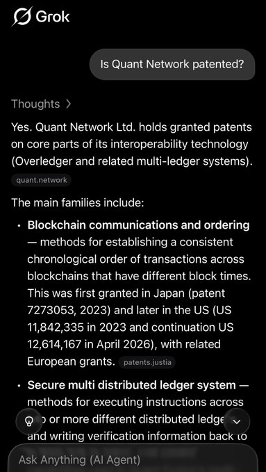 A screenshot of a Grok AI response confirming that Quant Network Ltd. holds granted patents on its core interoperability technology (Overledger), including patents for "Blockchain communications and ordering" (Japan patent 7273053, 2023; US 11,842,335 in 2023; US 12,614,167 in April 2026) and "Secure multi distributed ledger system."