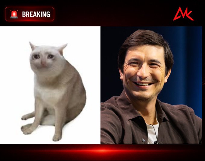A split image labeled 'BREAKING' featuring a white cat on the left and a smiling man on the right, with a red 'MK' logo in the top corner.