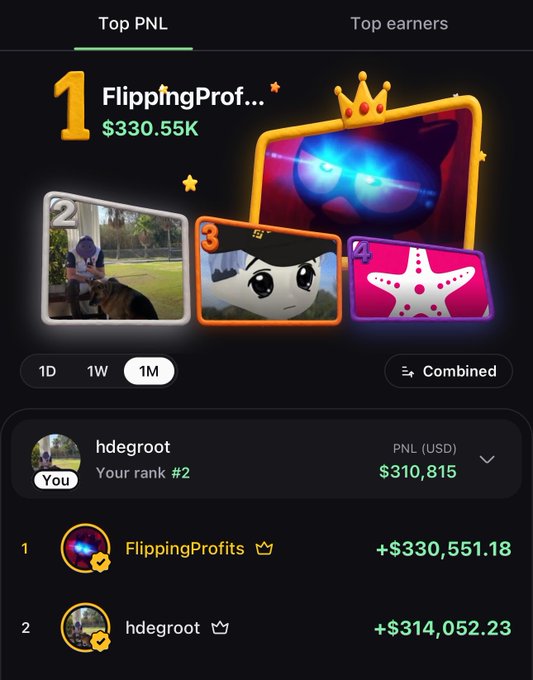 A screenshot from the Pumpfun app shows a "Top PNL" leaderboard where FlippingProfits holds #1 with $330,551.18 and the user "hdegroot" holds #2 with $314,052.23, tied to a post congratulating FlippingProfits.