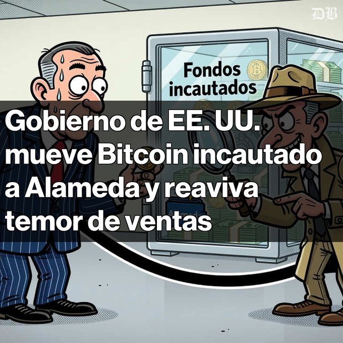 A cartoon illustration with Spanish text reading 'Gobierno de EE. UU. mueve Bitcoin incautado a Alameda y reaviva temor de ventas' depicting a sweating man facing a detective examining 'Fondos incautados' (seized funds).