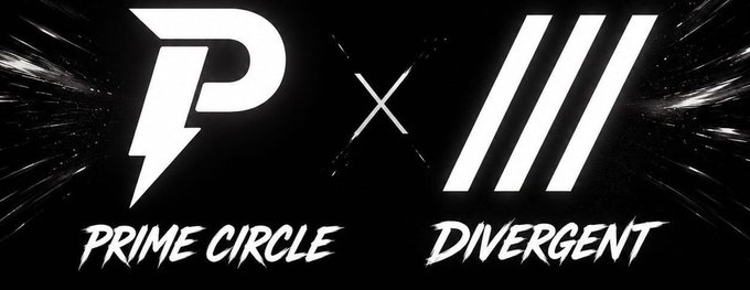 A black banner logo with white text displaying "PRIME CIRCLE" and "DIVERGENT" separated by an "X," set against a background of radiating white streaks.