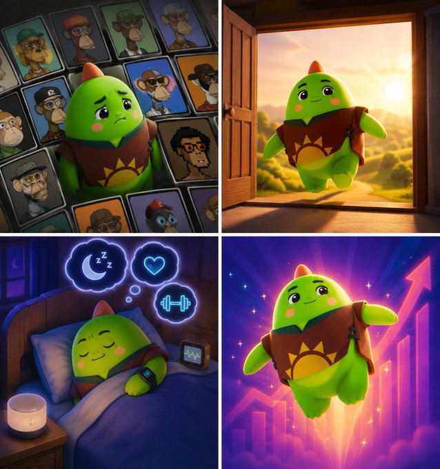 The image features a green character named @sleepagotchi who appears to be a cartoon monkey or frog. The character is shown in various positions throughout the collage, including sleeping, sitting, standing up, and flying. Each position represents a different aspect of sleep and recovery. The collage also includes images of other cartoon characters, such as a monkey with sunglasses on its head and an orange cat. The overall theme of the image revolves around the idea that NFTs can be more than just digital collectibles; they can represent real-world behaviors and experiences related to wellness and personal growth.