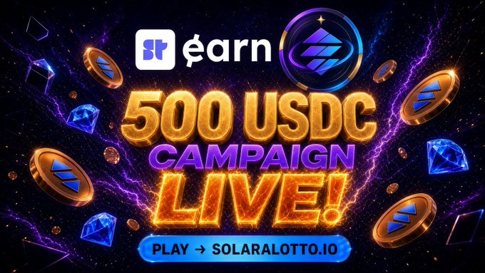 A promotional banner advertises a '500 USDC CAMPAIGN LIVE!' from an 'Earn' platform featuring a Solana logo, with text directing users to 'PLAY → SOLARALOTTO.IO' amid floating cryptocurrency tokens.