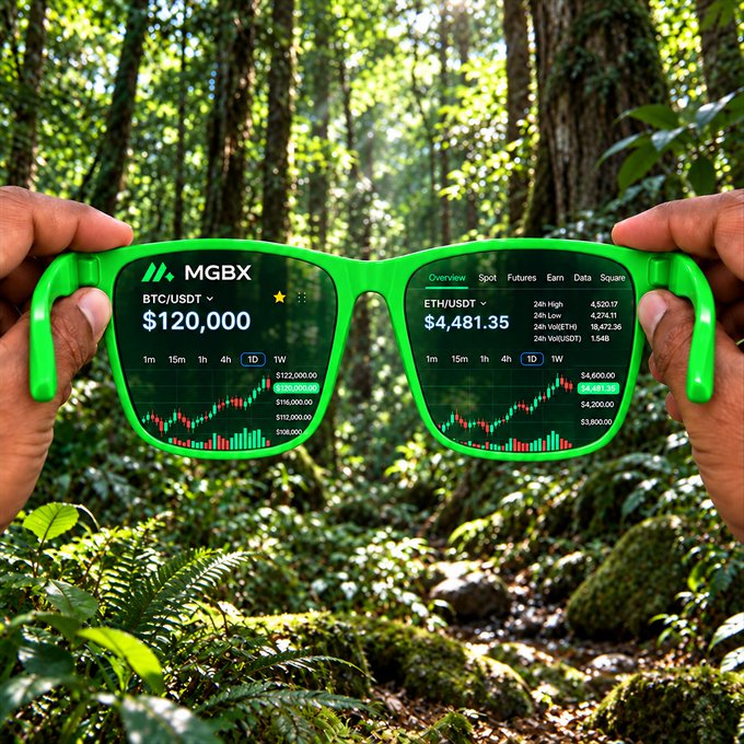 Two hands hold up bright green sunglasses in a forest, with the lenses displaying cryptocurrency trading charts for 'BTC/USDT' ($120,000) and 'ETH/USDT' ($4,481.35) on the MGBX platform.