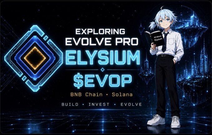 Promotional graphic for 'EVOLVE PRO ELYSIUM $EVOP' on BNB Chain and Solana, featuring an anime character holding a book that says 'All About Elysium'.
