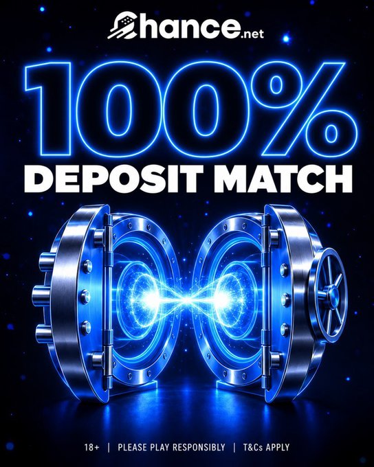 A promotional graphic for Chancedotnet advertising a 100% deposit match bonus, featuring an illuminated open vault with blue energy bursting from inside, alongside the text "18+ | PLEASE PLAY RESPONSIBLY | T&Cs APPLY." The post celebrates the offer where users can double their deposit (e.g., $1k becomes $2k) with instant deposits and withdrawals.
