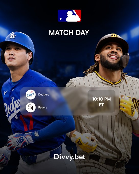 An MLB Match Day promotional graphic for Divvy.bet featuring Shohei Ohtani in a Dodgers uniform and Fernando Tatís Jr. in a Padres uniform facing off, with a 10:10 PM ET start time displayed.