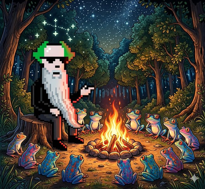 The image features a cartoon character, Rebel Bob, sitting around a campfire with a group of frogs. The scene takes place outdoors at night under a starry sky. The image also includes text that reads "Rebel Bob is your guide for the next 1000x $TIBBIR #Crypto". This suggests that the image might be related to a cryptocurrency or digital currency theme, possibly as part of an advertisement or promotional material.