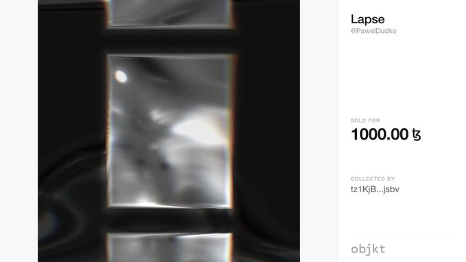 An NFT listing on the Objkt platform displays a blurry grayscale artwork titled 'Lapse' by @PawelDudko, which sold for '1000.00 tz' and was collected by 'tz1KjB...jsbv'.