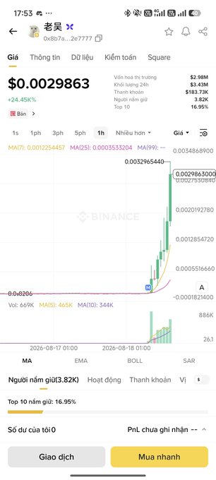 A Binance app screenshot showing a cryptocurrency chart with a price of $0.0029863 and a 24-hour change of +24.45%, featuring a sharp upward spike in the price graph.