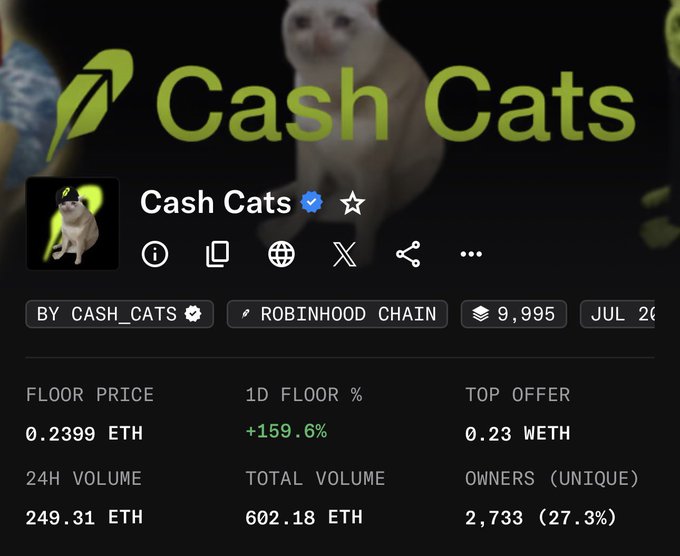A screenshot of the "Cash Cats" NFT collection profile on a marketplace platform, showing key metrics including a floor price of 0.2399 ETH (+159.6%), 24H volume of 249.31 ETH, 9,995 items on Robinhood Chain. The caption highlights how the price surge to 0.24 ETH floor aligns with the poster's claim of being an early shill since 0.01 ETH, with their bullish conviction even prompting a profile picture change.
