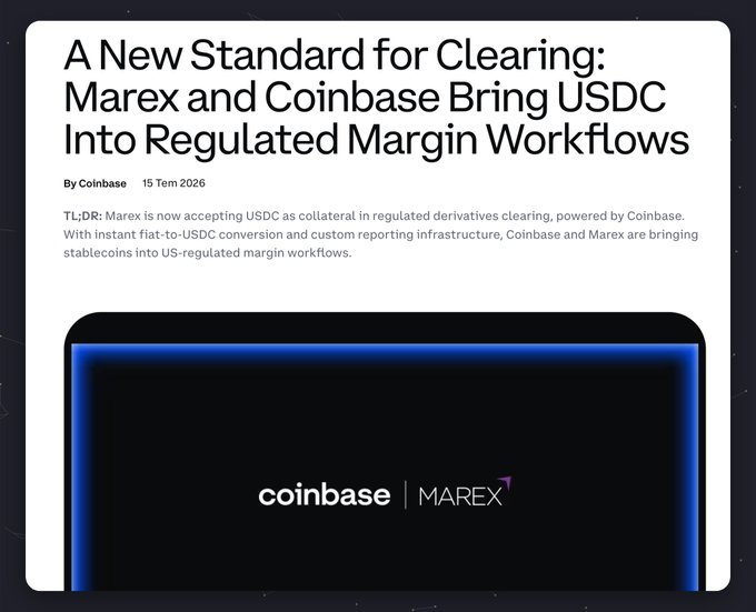 A Coinbase blog announcement titled "A New Standard for Clearing: Marex and Coinbase Bring USDC Into Regulated Margin Workflows," dated 15 Tem 2026, features the Coinbase and Marex logos on a dark background. The post highlights Marex's new acceptance of USDC as collateral for US-regulated derivatives clearing through Coinbase Prime's infrastructure, aligning with the caption's emphasis on stablecoins evolving into regulated market collateral.