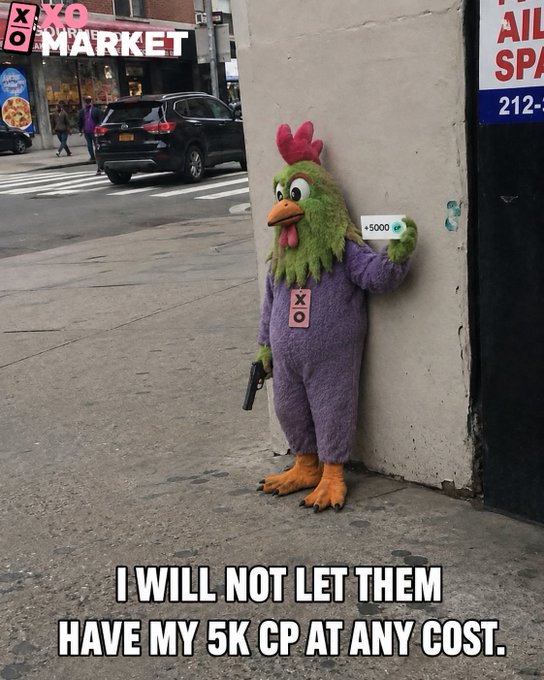 A meme showing a person in a purple chicken mascot costume holding a phone displaying '+5000' and a gun, with XOXO Market branding and caption 'I WILL NOT LET THEM HAVE MY 5K CP AT ANY COST.'