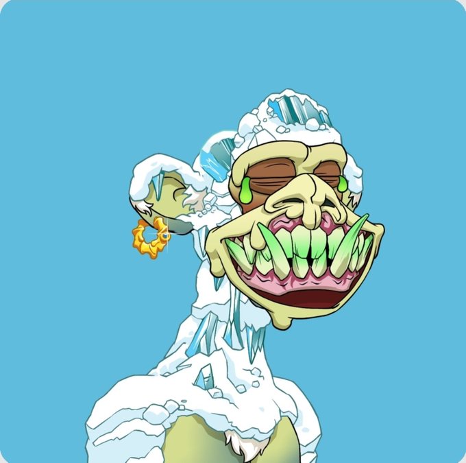 A cartoon NFT-style illustration of a zombie-like character with green teeth, icy or snowy features on its head, and a golden earring, set against a solid light blue background.