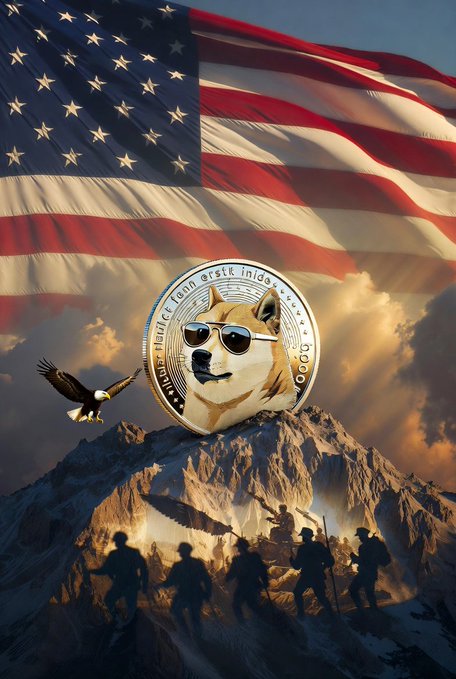 A patriotic image featuring an American flag, a bald eagle, and a Dogecoin coin with the Doge dog wearing sunglasses, with silhouettes of soldiers and firefighters on a rocky terrain below.